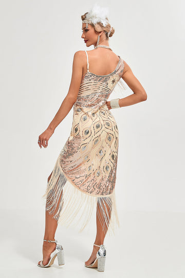 Sparkly Champagne Sequins Fringes Asymmetrisk 1920-tallet Gatsby kjole med tilbehør sett